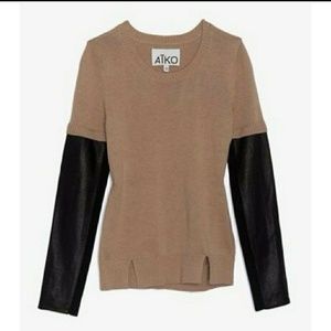 Aiko Tops - AIKO sabine leather sleeve, cotton/cashmere blend Aiko Tops - AIKO sabine leather sleeve, cotton/cashmere blend